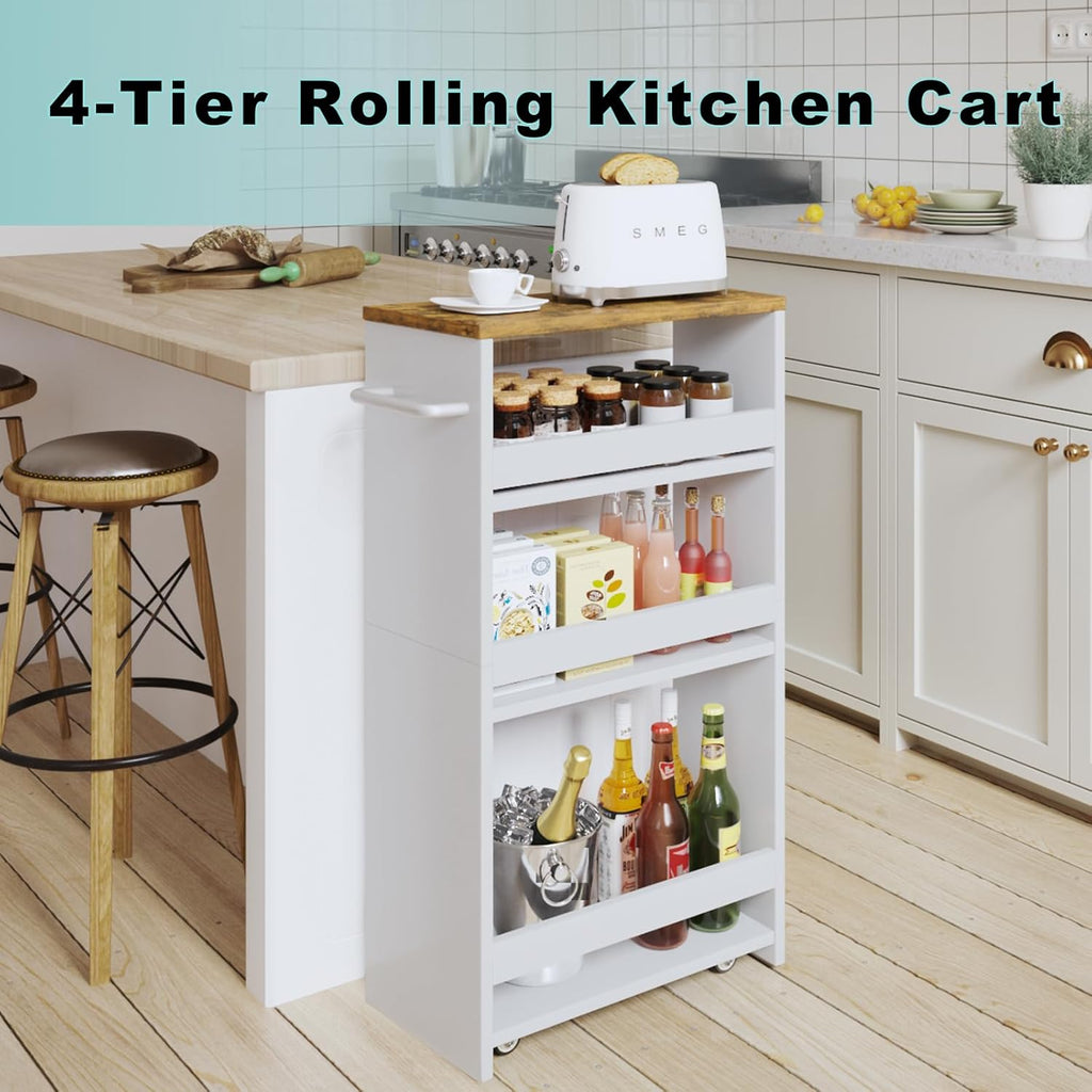 4-Tier Wood White Rolling Storage Cart D9690