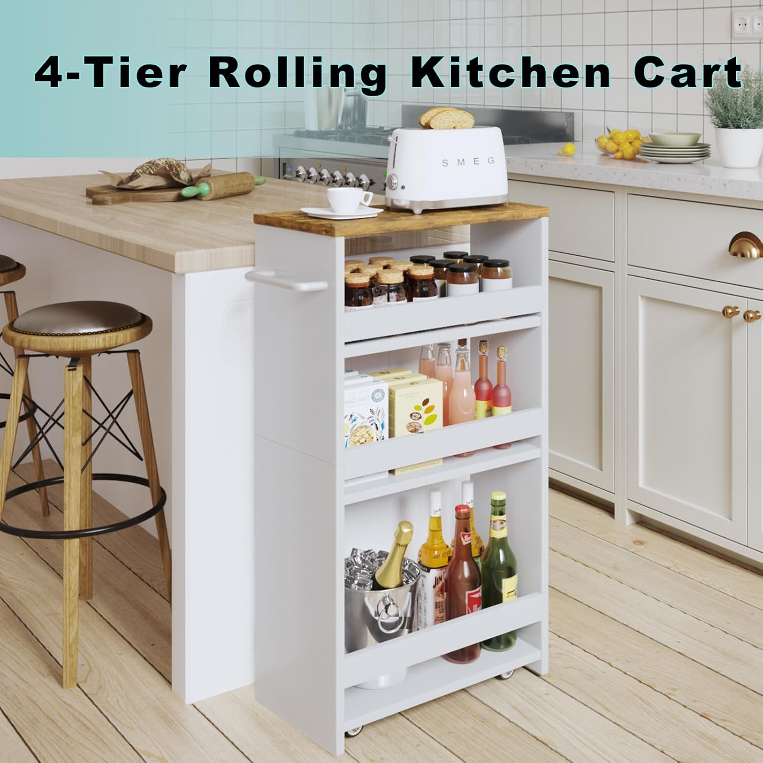 4-Tier Wood White Rolling Storage Cart D9690