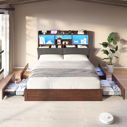 Black Farmhouse Bed Frame with Bookcase Headboard and 4 Drawers X296441