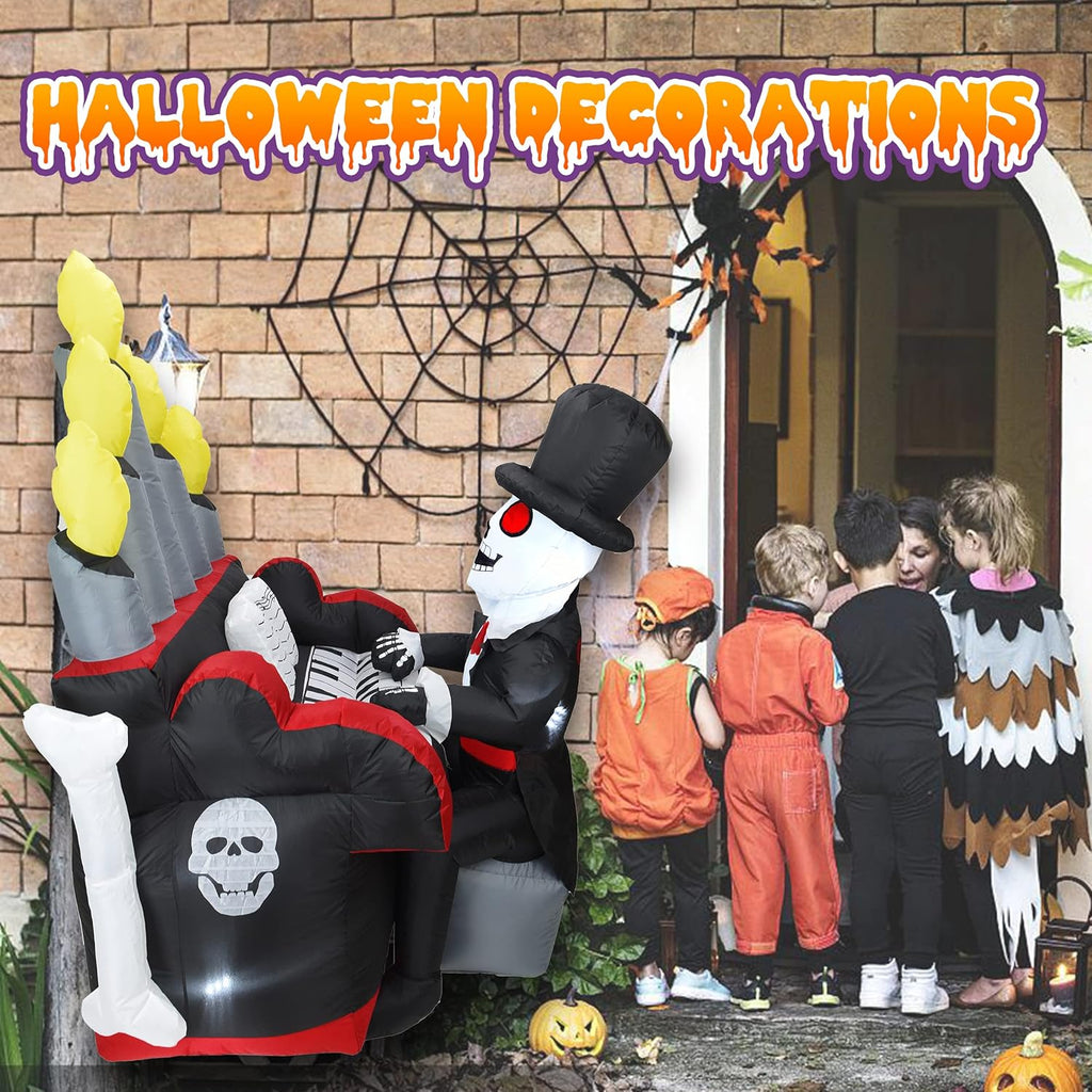 5.4FT Halloween Inflatable Skeleton Playing Piano with LED Lights and Bluetooth Speaker E350