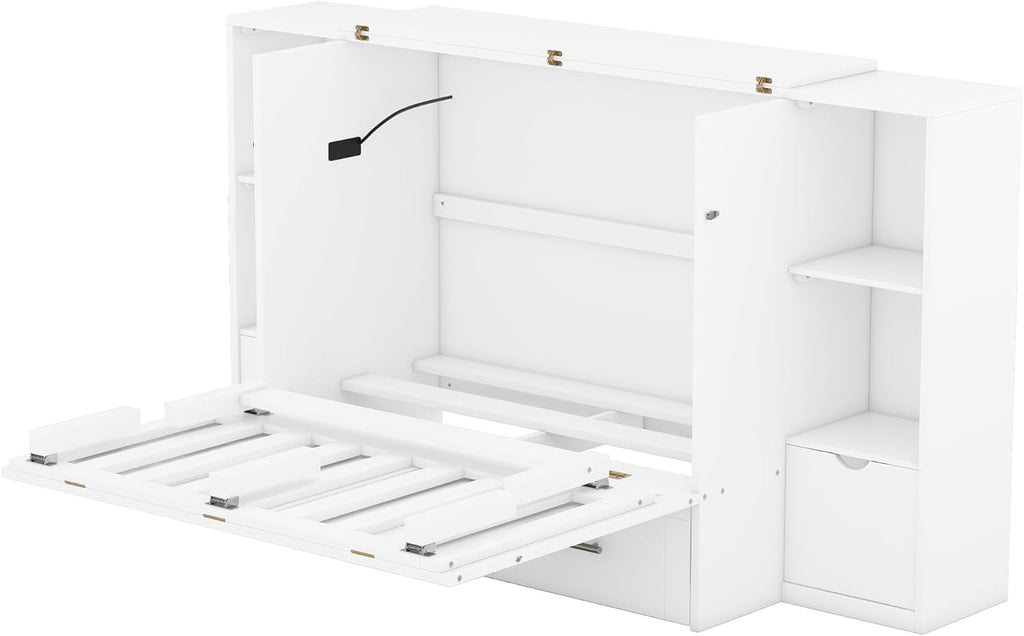 White Queen Size Murphy Bed with Shelves and Drawers P415