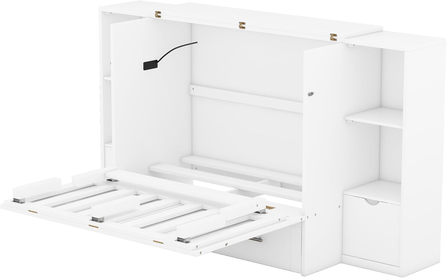 White Queen Size Murphy Bed with Shelves and Drawers P415