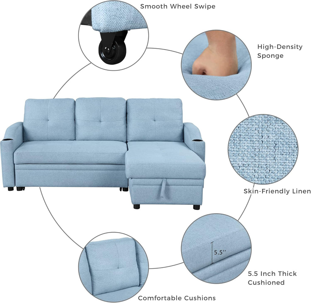 Blue Linen Fabric L-Shape Convertible Sleeper Sofa with Pull-Out Bed O890