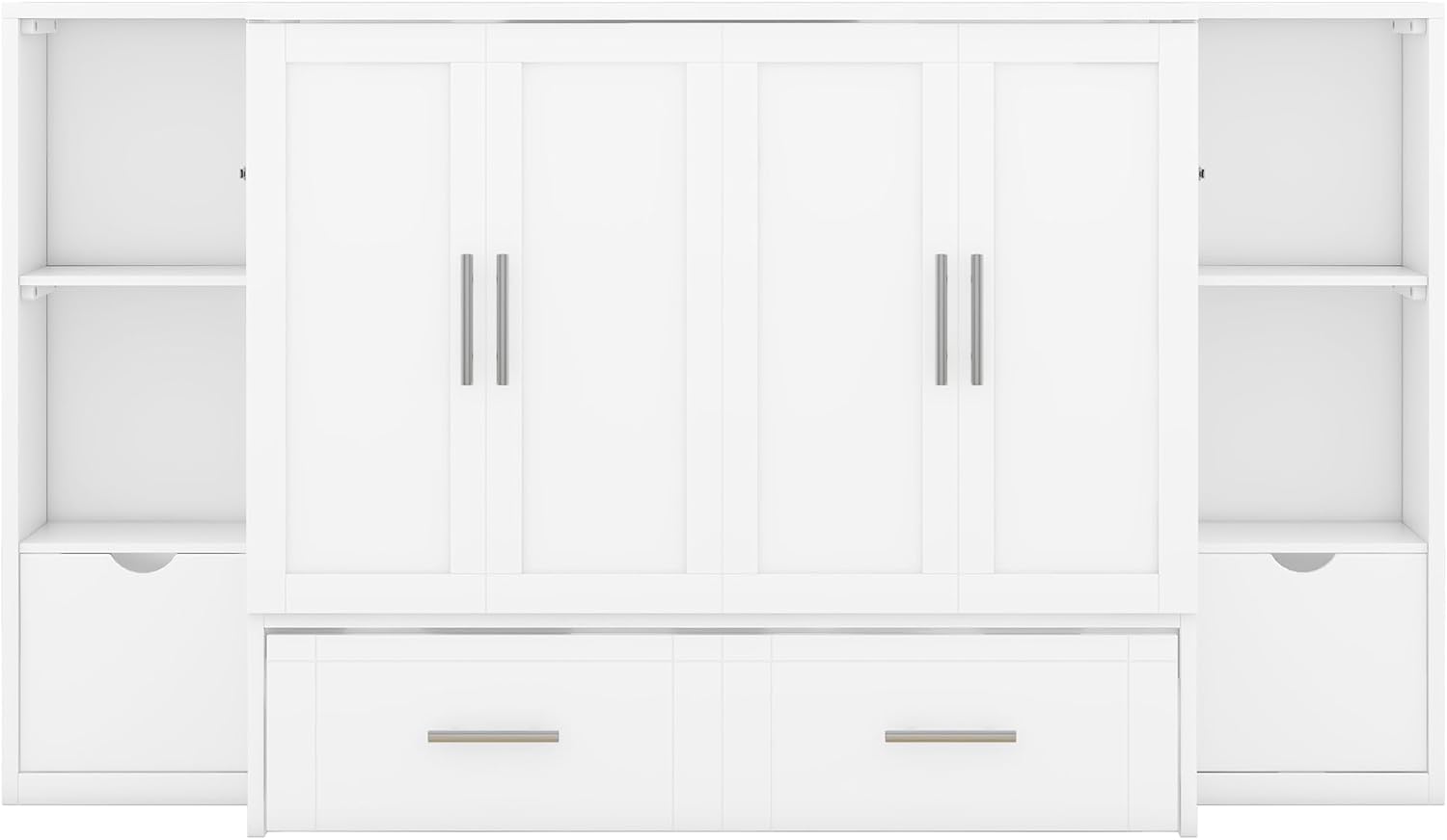 White Queen Size Murphy Bed with Shelves and Drawers P415