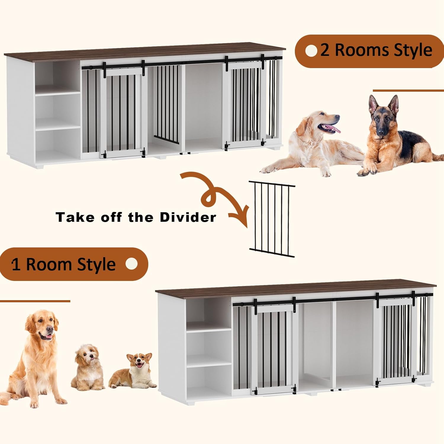 White 86.6" Wooden Dog Crate Furniture with Shelves, Divider & Sliding Door U742858