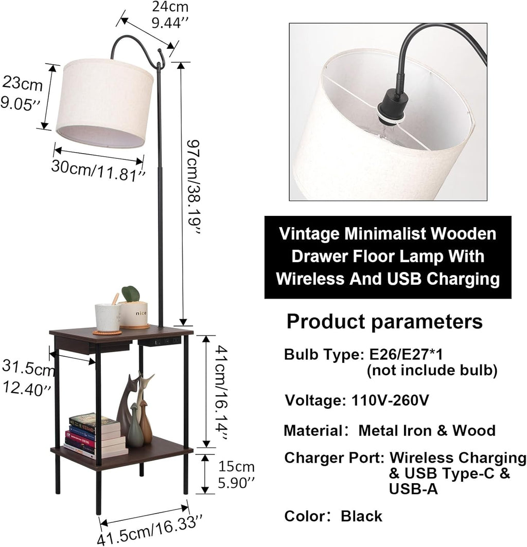 Industrial Rustic Floor Lamp with Wireless USB Charging Port & Power Outlet G7250