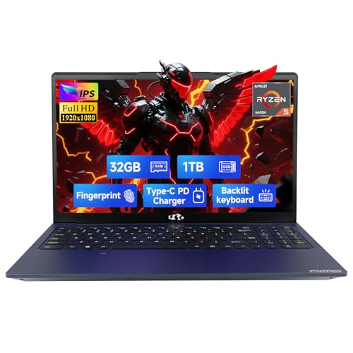 15.6" IPS FHD Gaming Laptop, 6 Cores AMD Ryzen 5 6600H 32GB DDR5 RAM 1TB SSD 660M GPU K60997